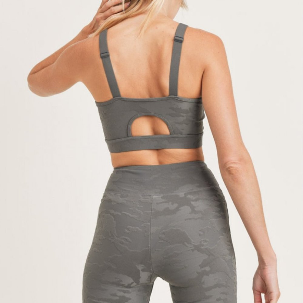 NWOT MONO B Gunmetal Grey Textured Camo Jacquard TACTEL® Peekaboo Sports Bra